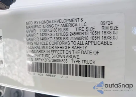 2025 Honda Ridgeline Rtl z USA, uszkodzony, nr VIN 5FPYK3F57SB004835